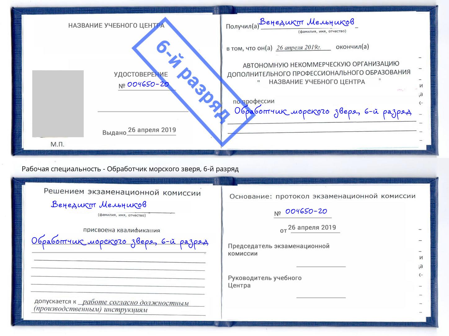 корочка 6-й разряд Обработчик морского зверя Берёзовский