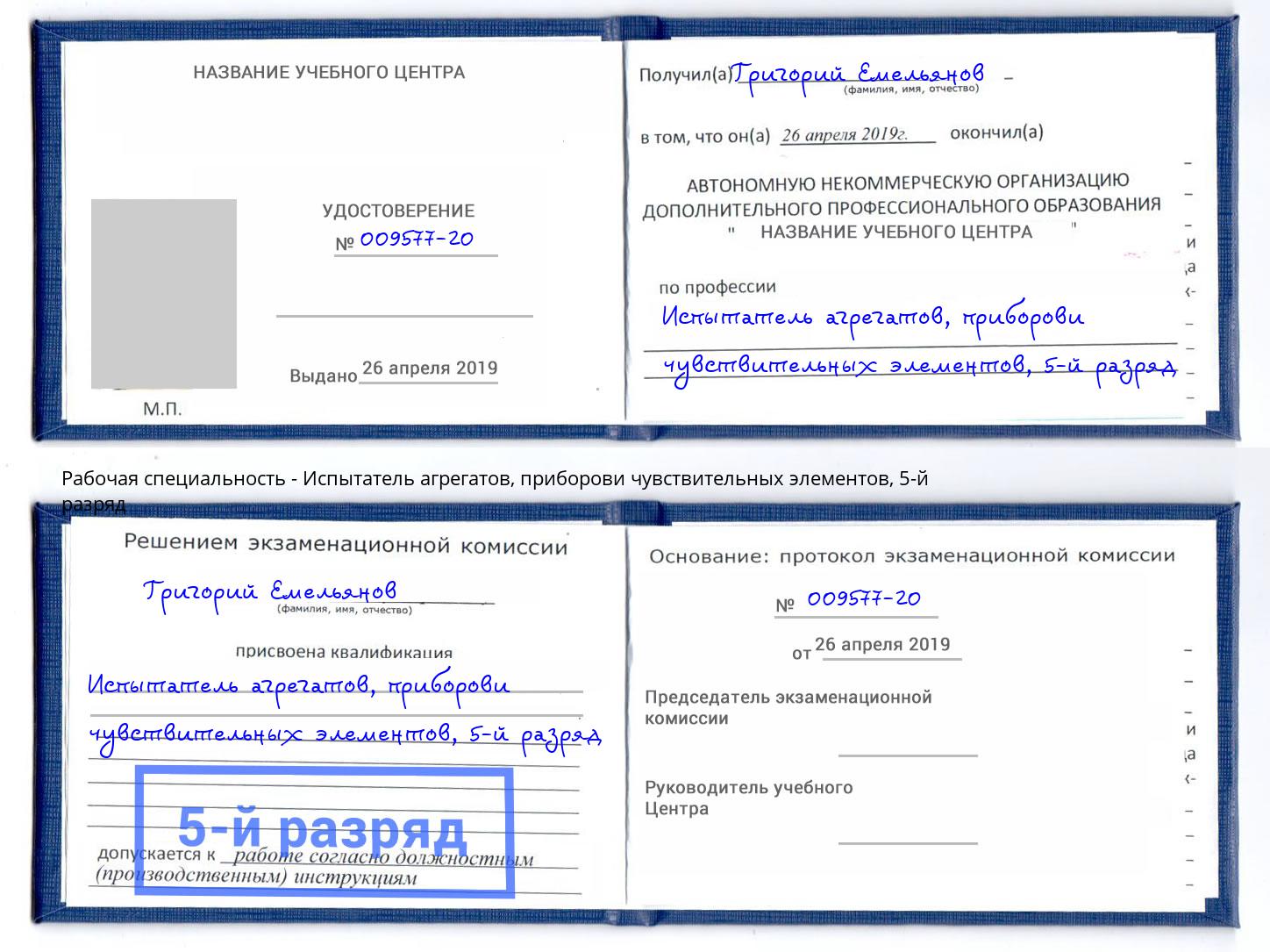 корочка 5-й разряд Испытатель агрегатов, приборови чувствительных элементов Берёзовский