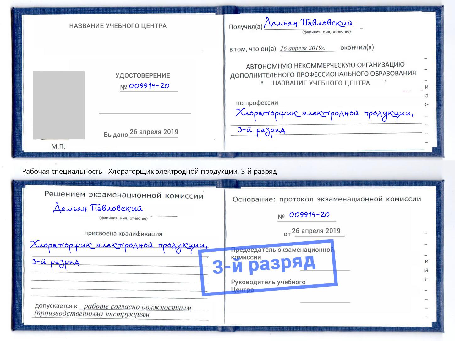 корочка 3-й разряд Хлораторщик электродной продукции Берёзовский
