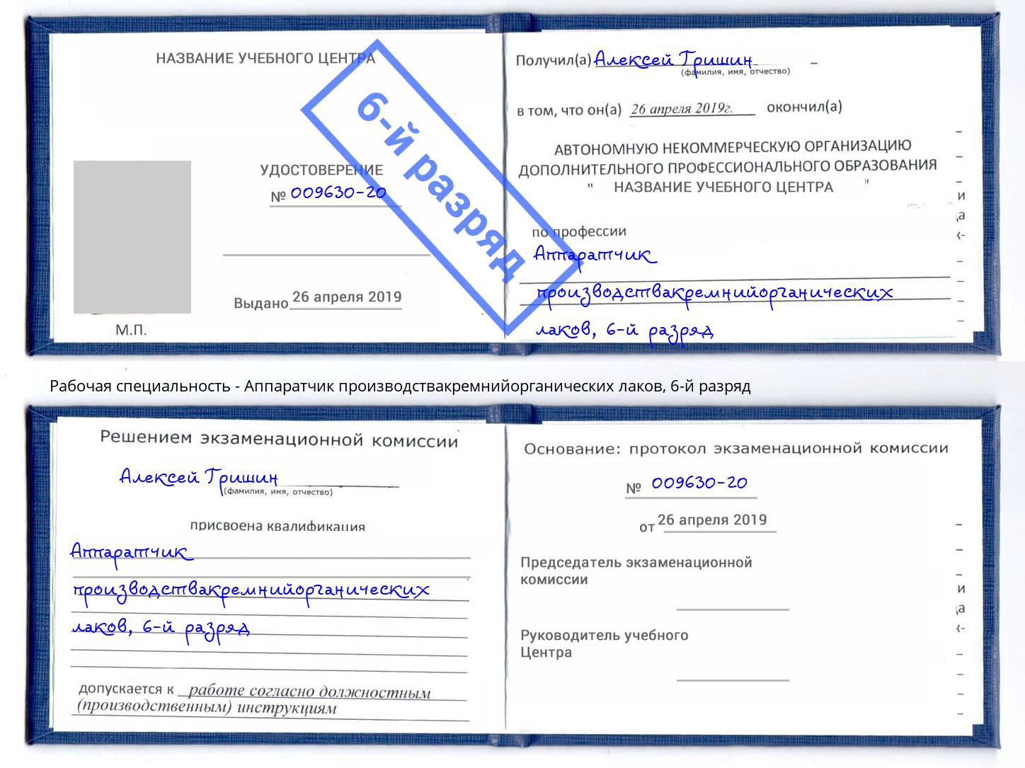 корочка 6-й разряд Аппаратчик производствакремнийорганических лаков Берёзовский