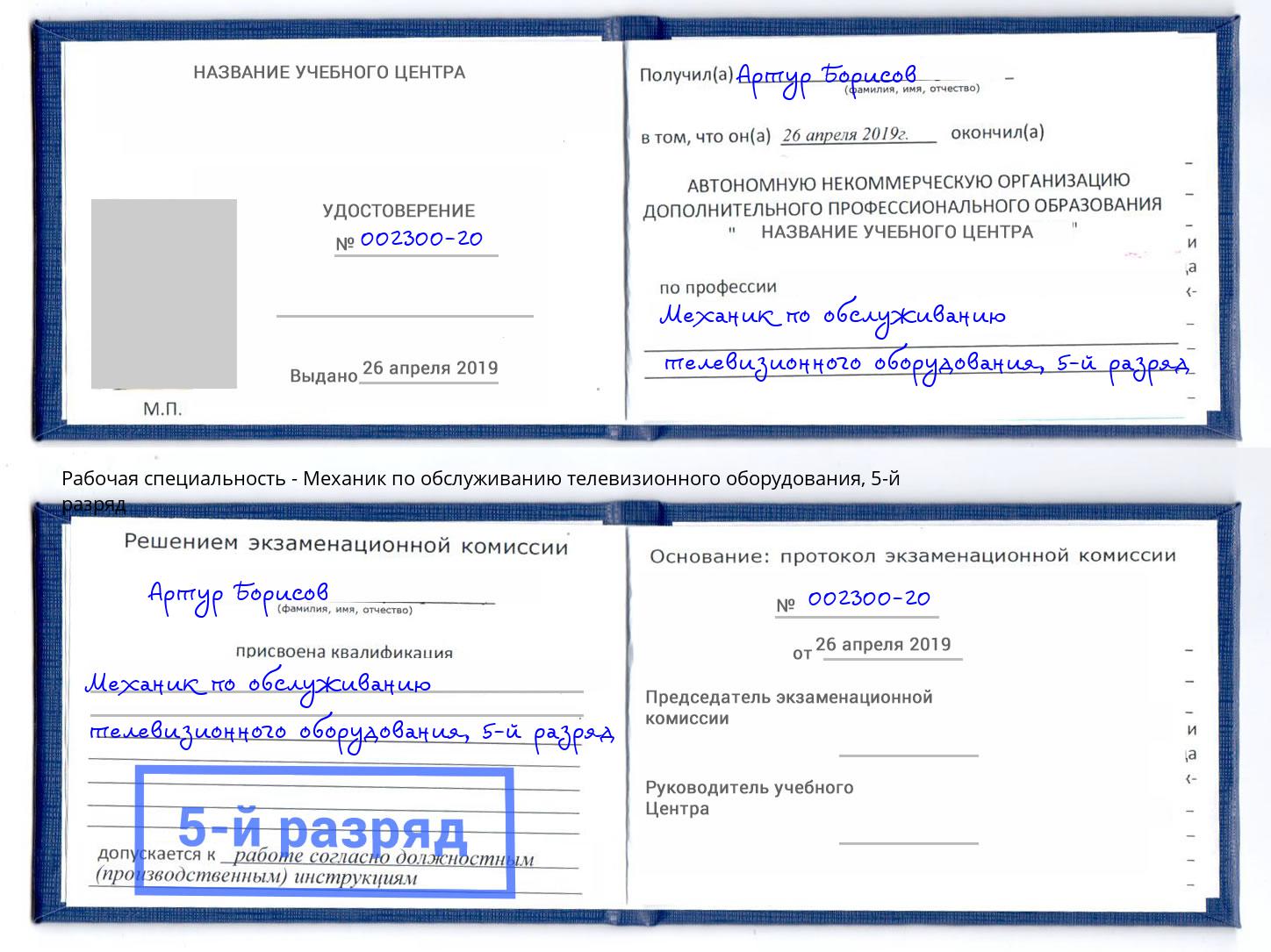 корочка 5-й разряд Механик по обслуживанию телевизионного оборудования Берёзовский