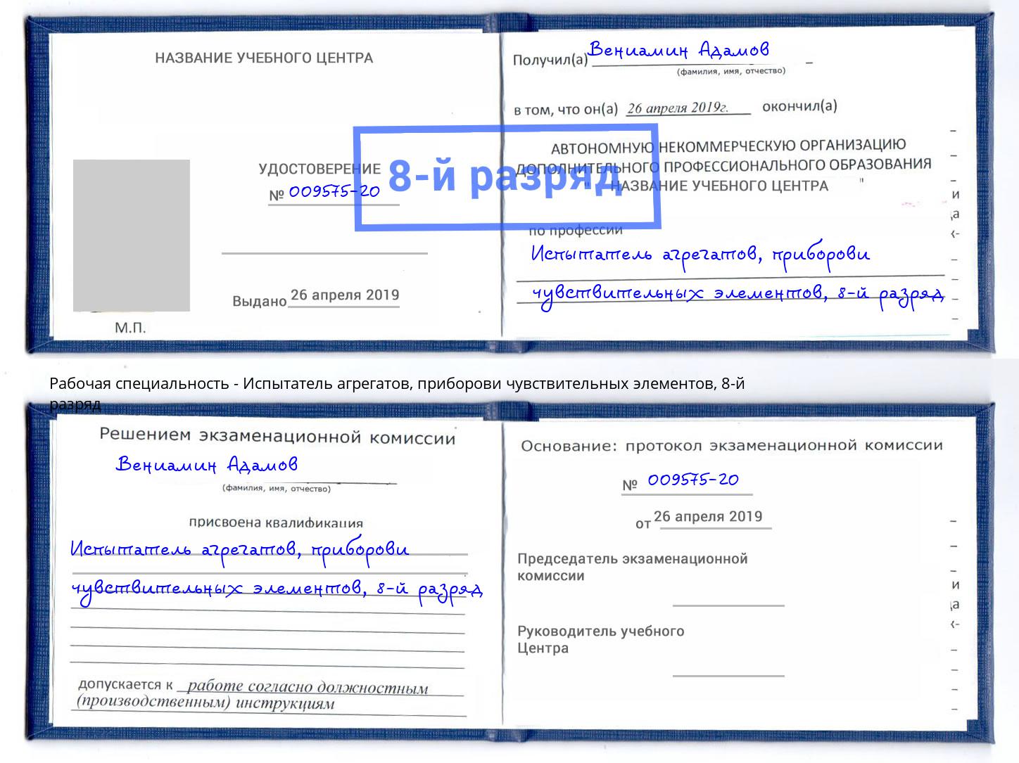 корочка 8-й разряд Испытатель агрегатов, приборови чувствительных элементов Берёзовский